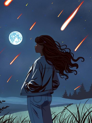 Drawing of a young woman watching a meteor shower