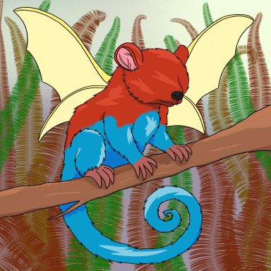 A creature much like a sugar-glider with wings and no eyes. It has red and blue fur. The wings are yellow and shimmer in the light.