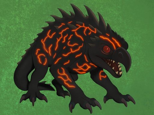 A beastly scaled creature with razor sharp talons, four legs and a beak like mouth. It has veins of orange shimmer glowing like lava.