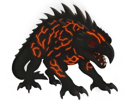 A 4 legged beast with black scales, highlighted with orange shimmer like hot lava. It has glowing red eyes, and a beak mouth full of teeth